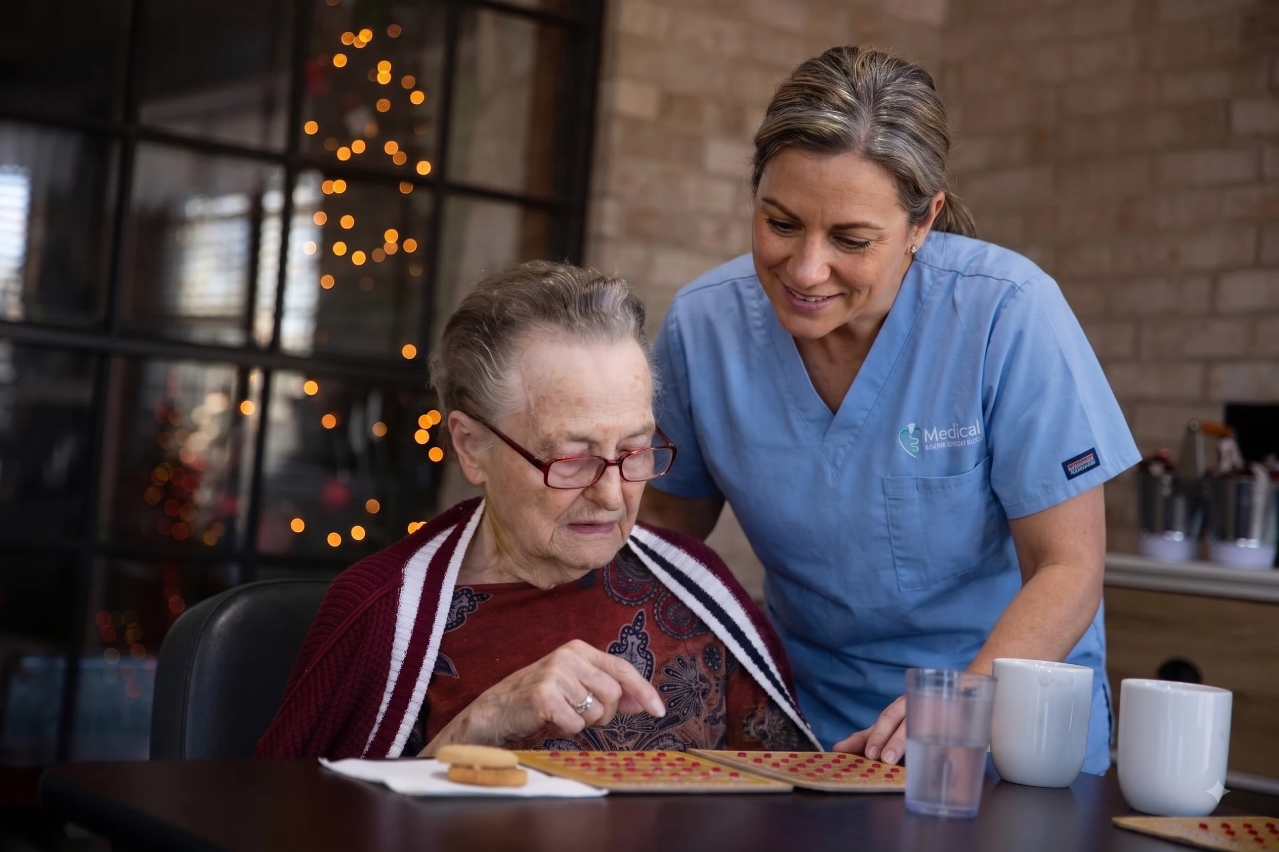 A caregiver helping a resident with a game at the table