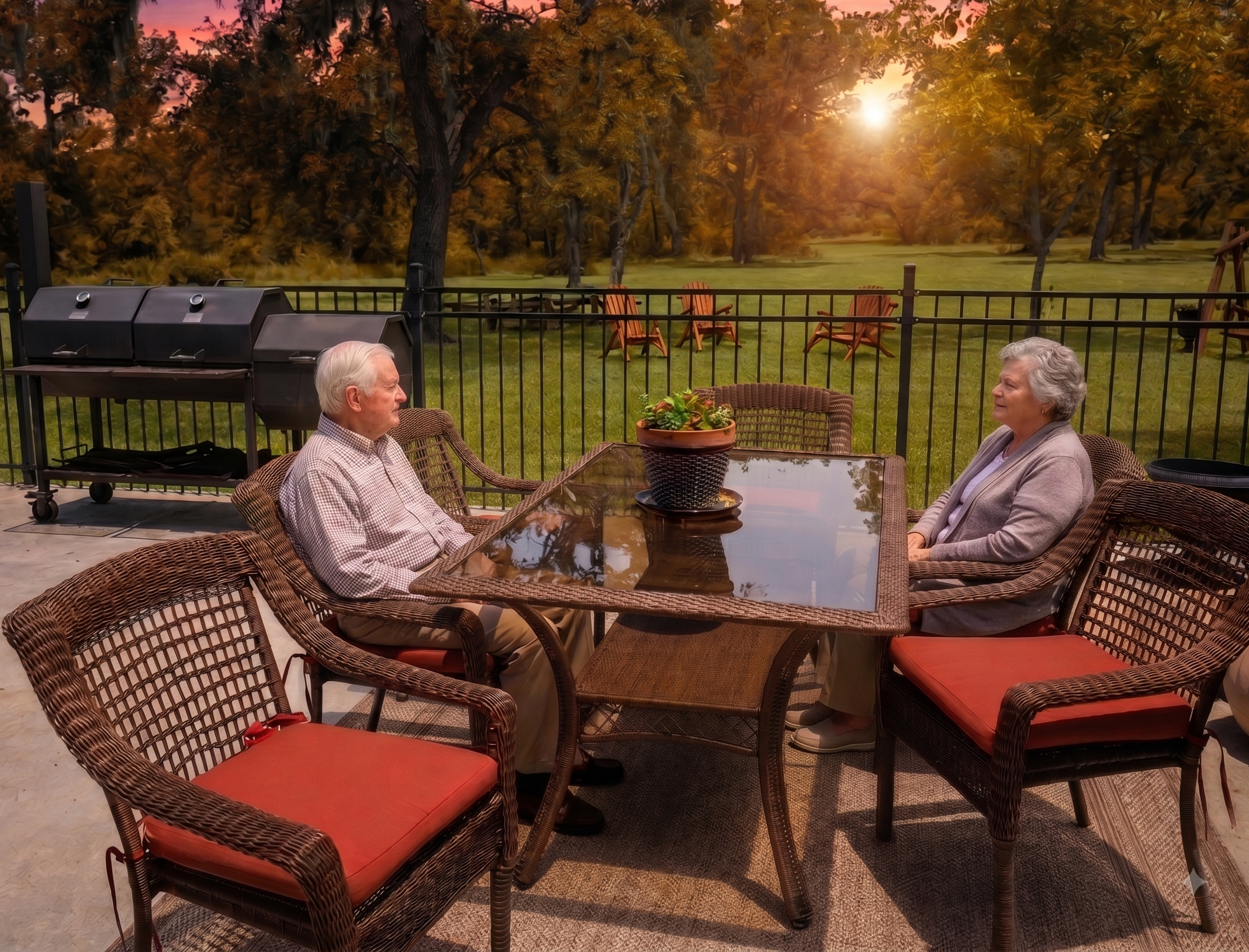 A resident watching the sunset from the porch