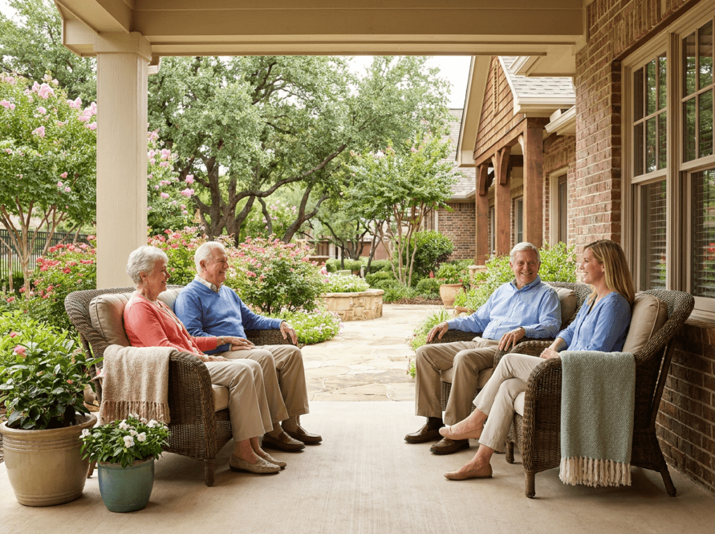Older couple spending time with their daughter at a welcoming assisted living community in Victoria, TX, representing senior care options and assisted living costs