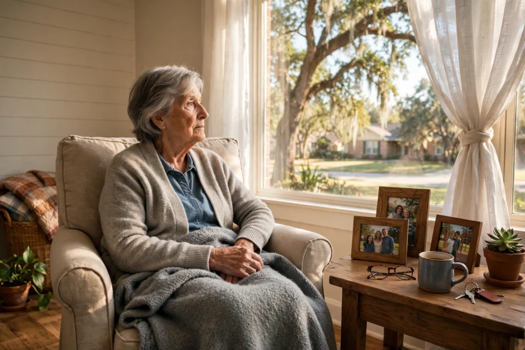 Elderly woman sitting thoughtfully by a sunny window at home, showing signs parent needs assisted living