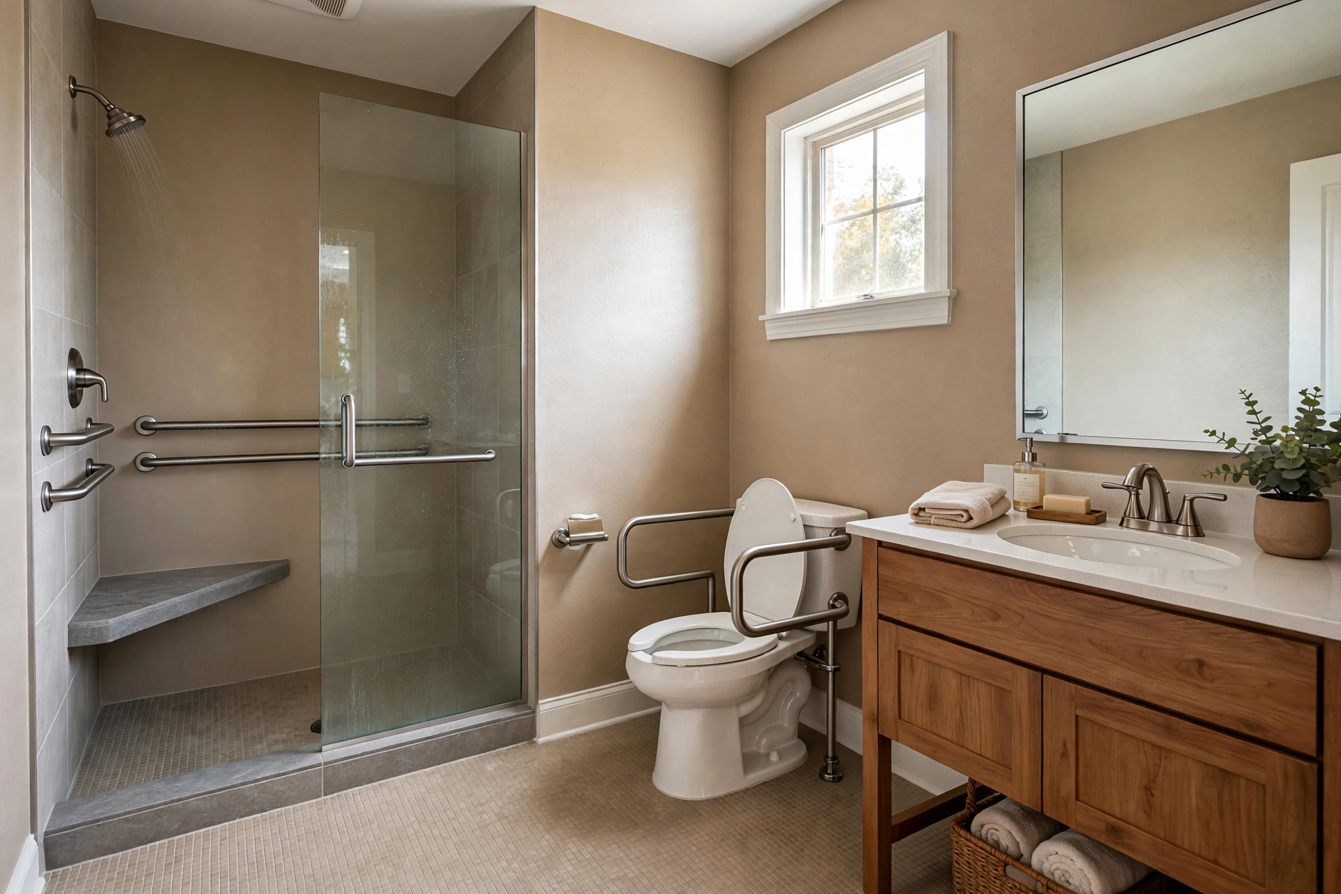 Walk-in shower with grab bars in an assisted living bathroom