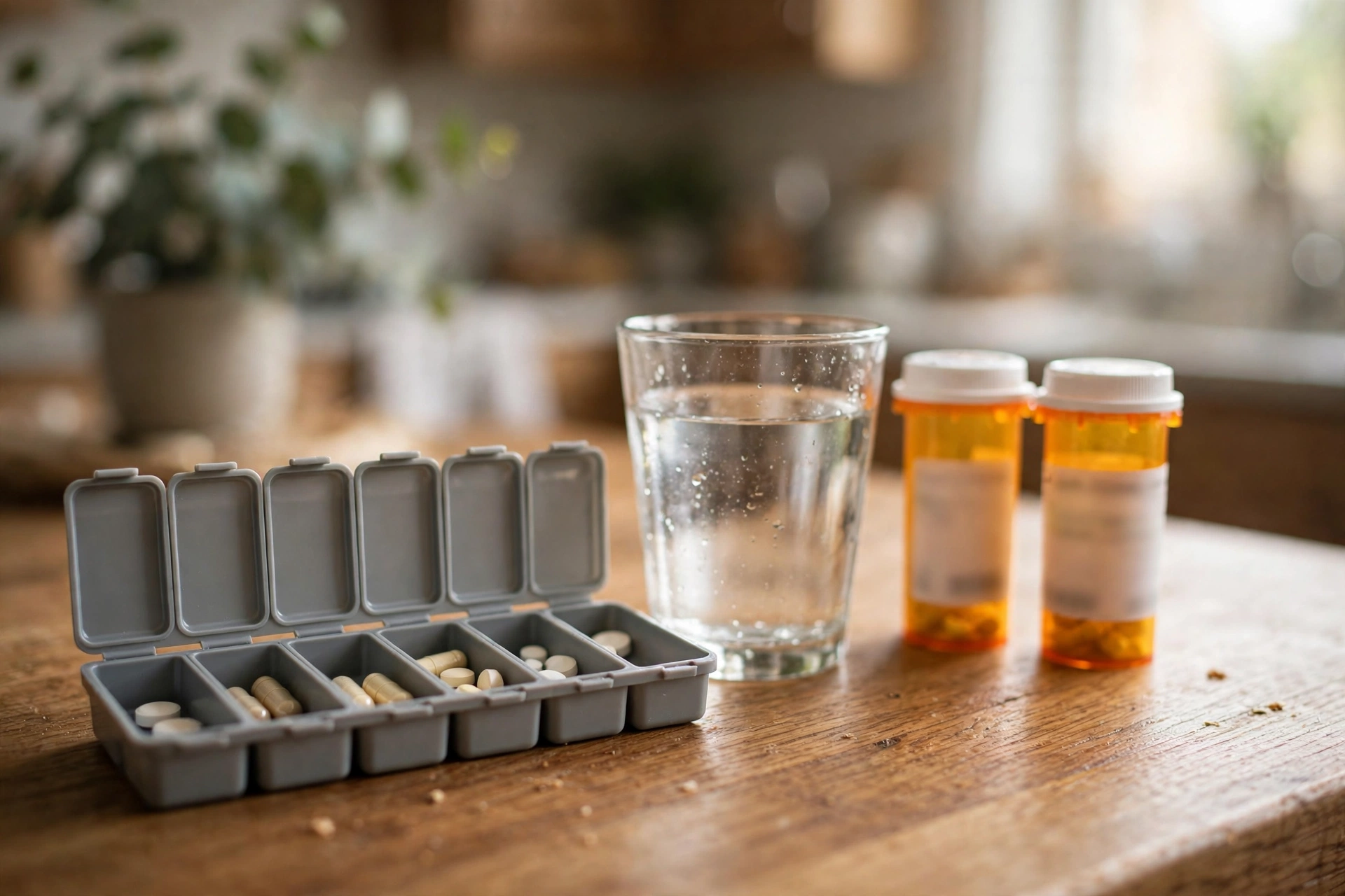 Weekly pill organizer with water glass on a kitchen counter