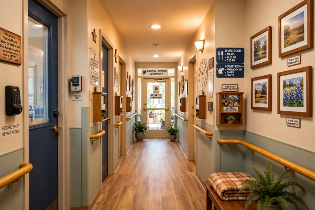 Secure memory care hallway in Victoria TX assisted living home
