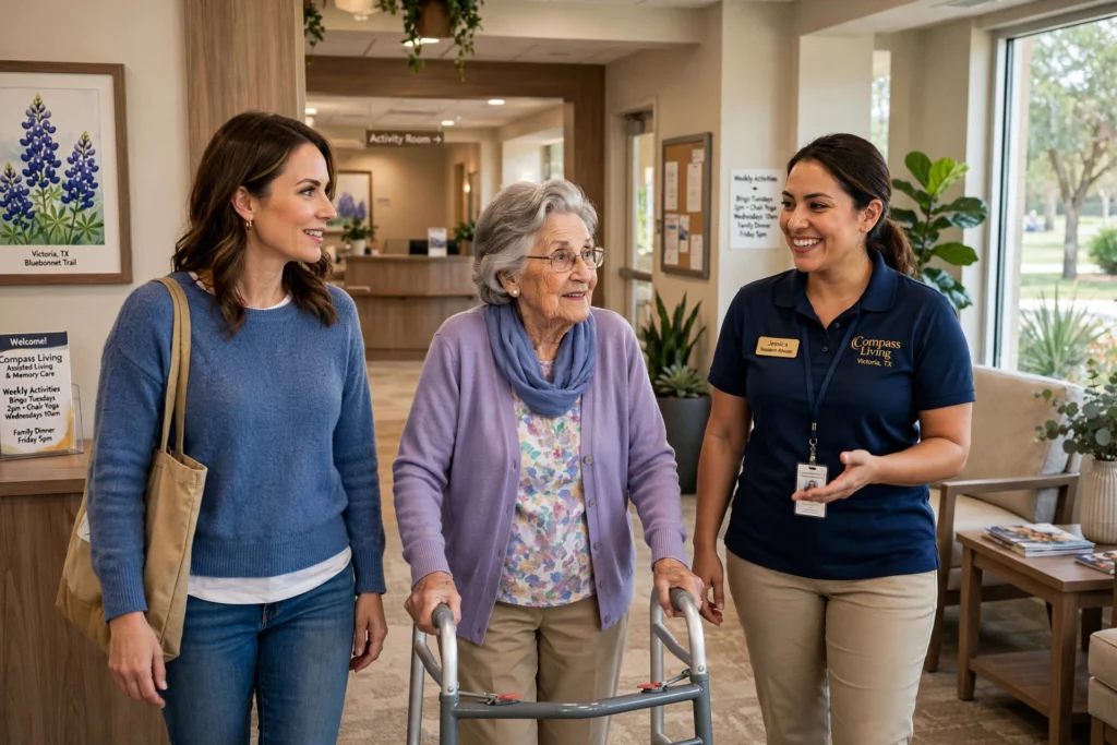 Family touring memory care community in Victoria TX with staff member